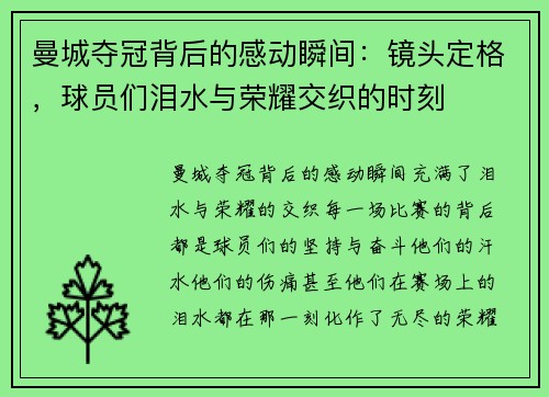 曼城夺冠背后的感动瞬间：镜头定格，球员们泪水与荣耀交织的时刻